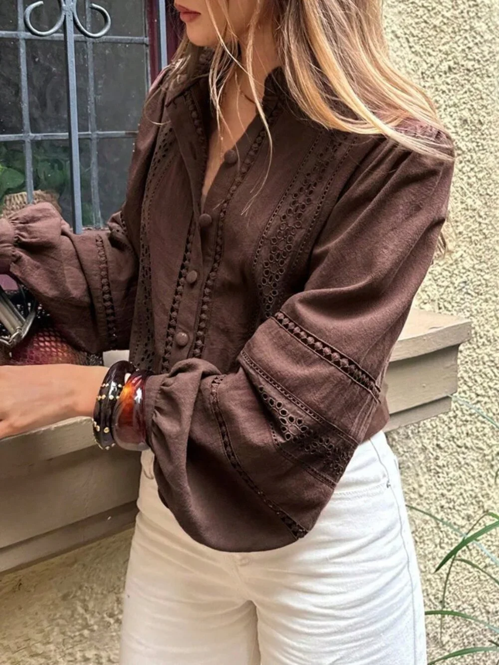 Coffee Brown Women's Casual 100%Cotton Shirt With Embroidery